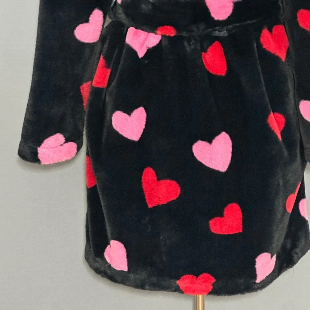 Kate Spade Womens Bathrobe M Black Plush Wrap Tie Red Pink Hearts Loungewear